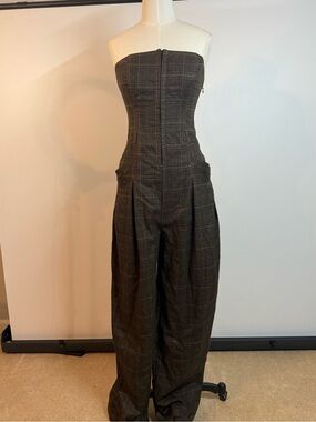 Strapless Plaid Wide-Leg Jumpsuit - Brown